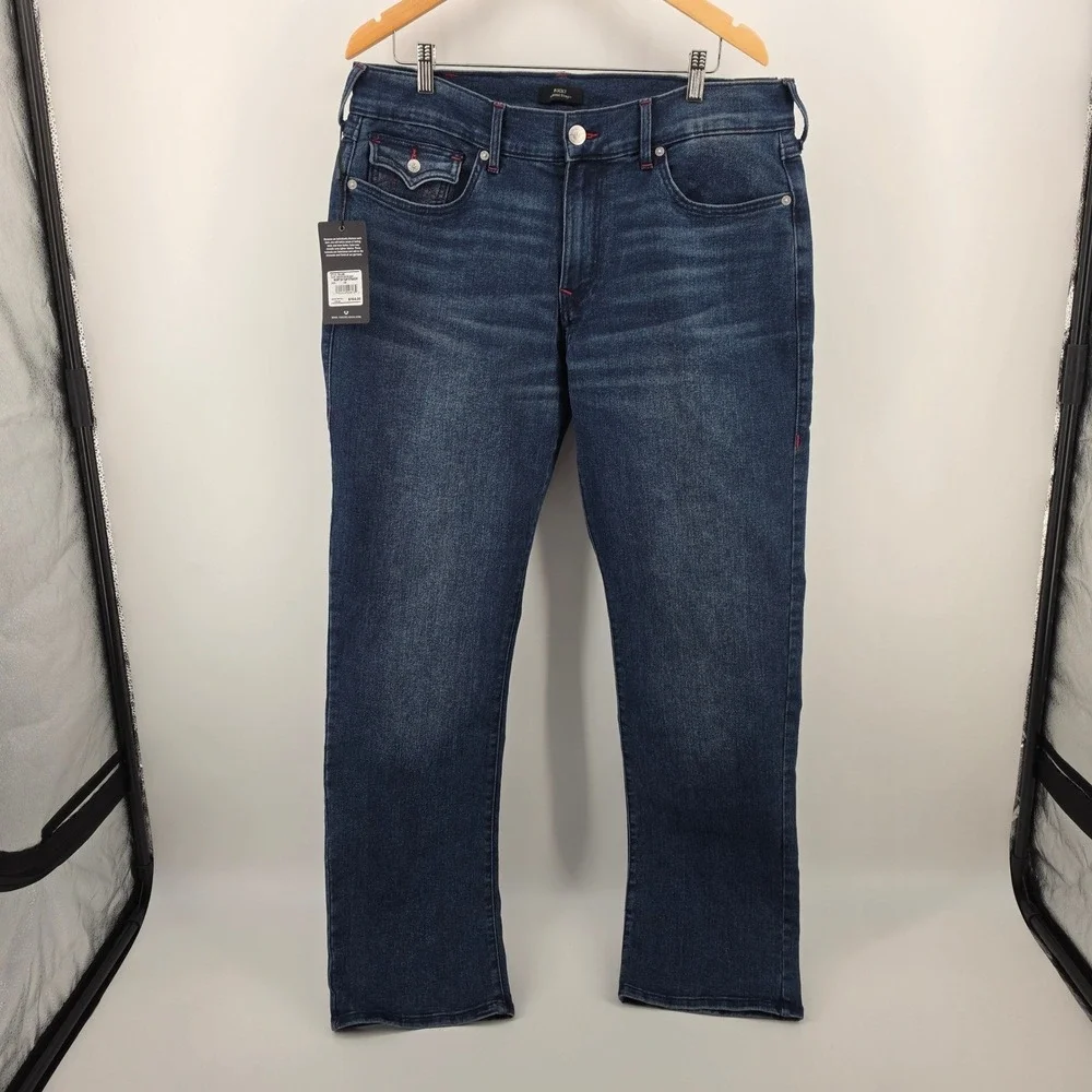 True Religion Ricky Relaxed Straight Jeans Dark Shivering Wash Blue Mens 36 NWT